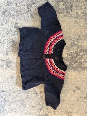 Navy Knit Cardigan with Pink Fair Isle Yoke